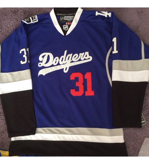 Custom Joc Pederson 31 Los Angeles Dodgers LA Kings Blue Hockey Jersey